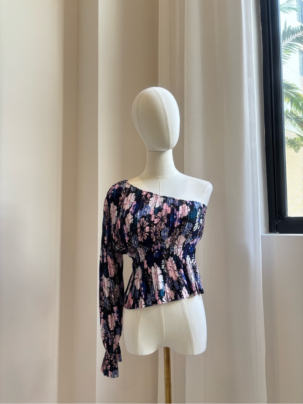 One-Shoulder Floral Smocked Top in Navy and Pink